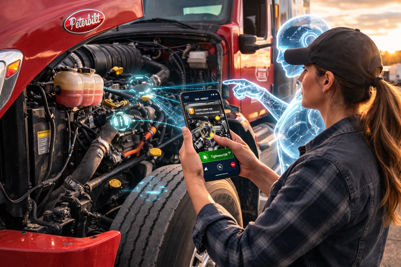 Driver using SuperTrucker pretrip assistant on a Peterbilt fleet truck